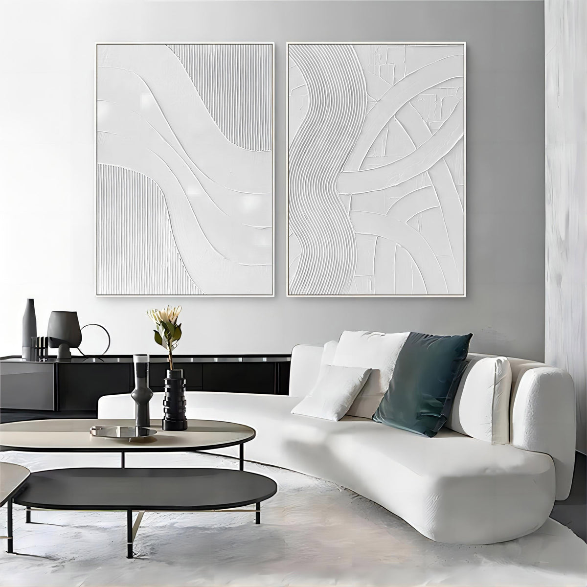 Wall Art Vertical Abstract Linear Swirl White