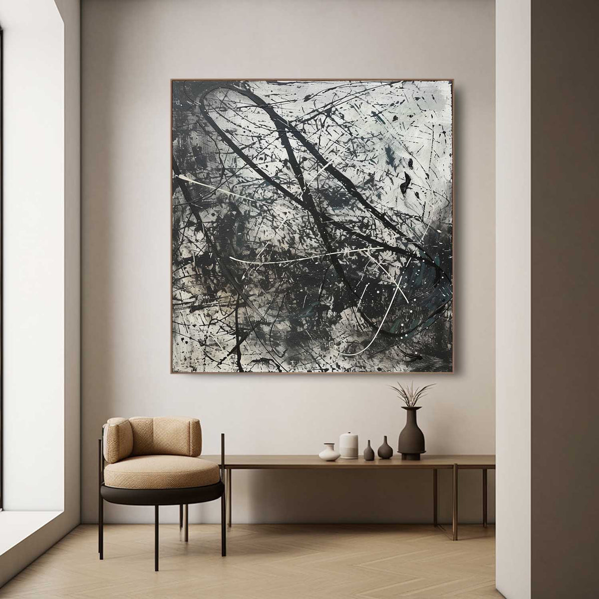 Expressionist Textured Splatter Oil Painting Black White Dynamic