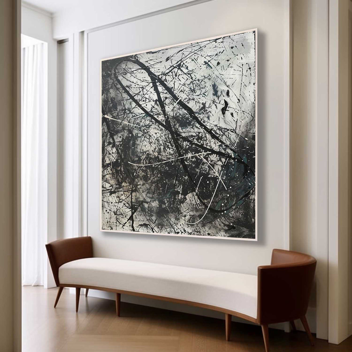 Expressionist Textured Splatter Oil Painting Black White Dynamic