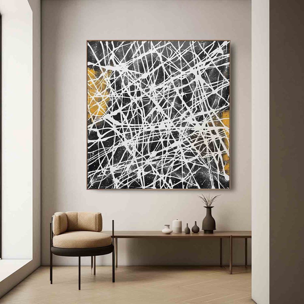 Tactile Web Oil Painting Black White Gold Bold