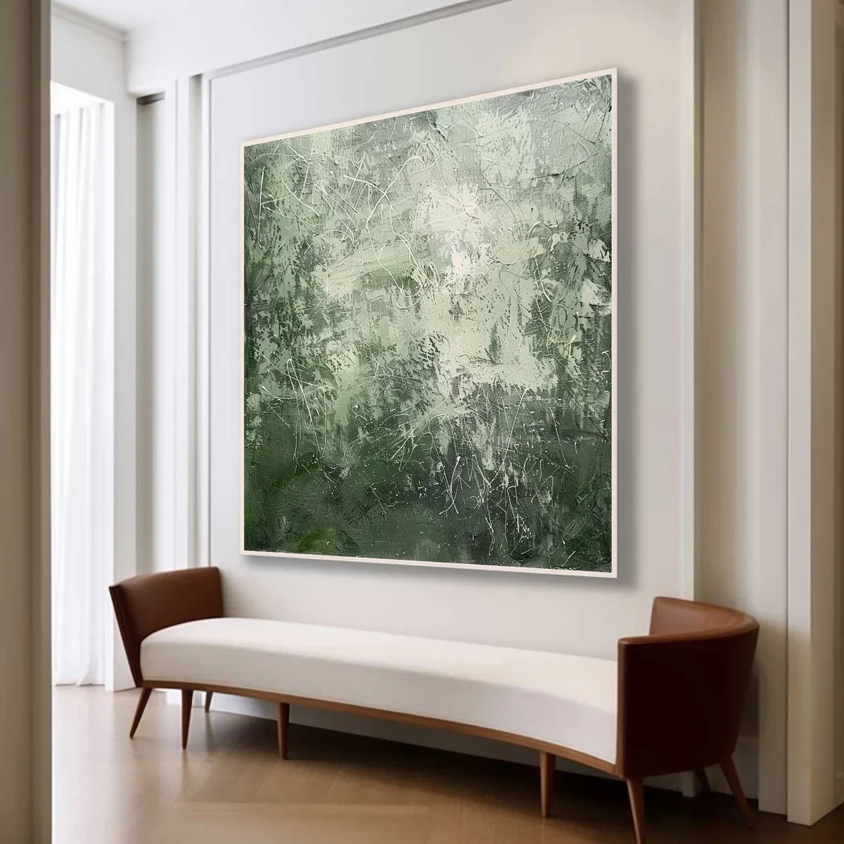 Expressionist Tactile Sage Green Oil Painting White Line Calm