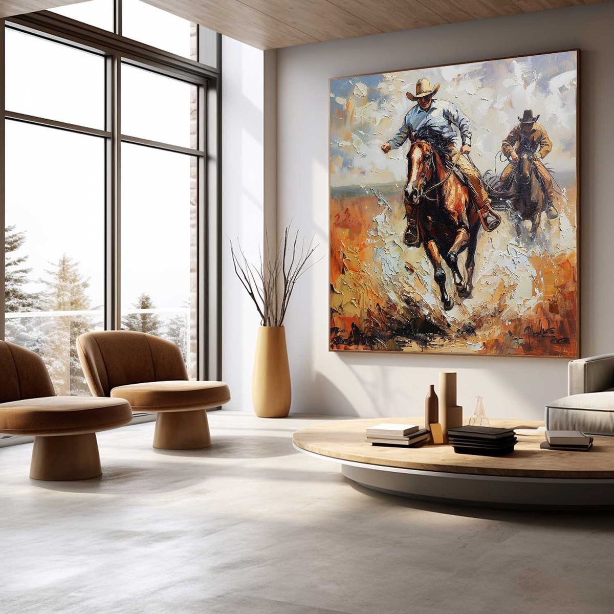 Western Cowboys Riding 3D Impasto Painting