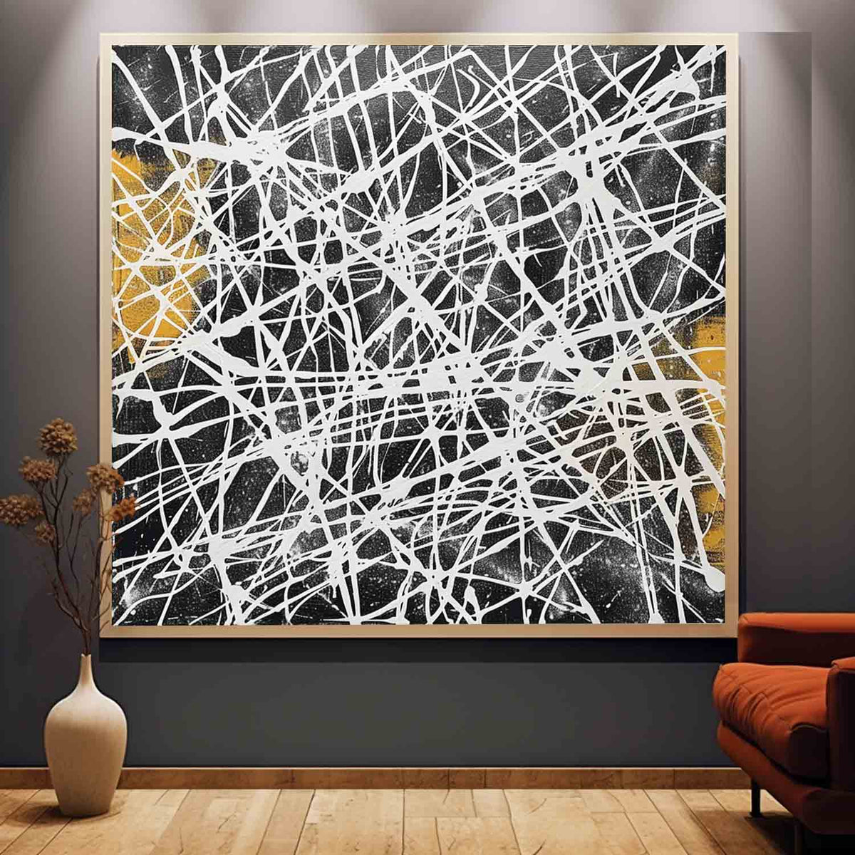 Tactile Web Oil Painting Black White Gold Bold