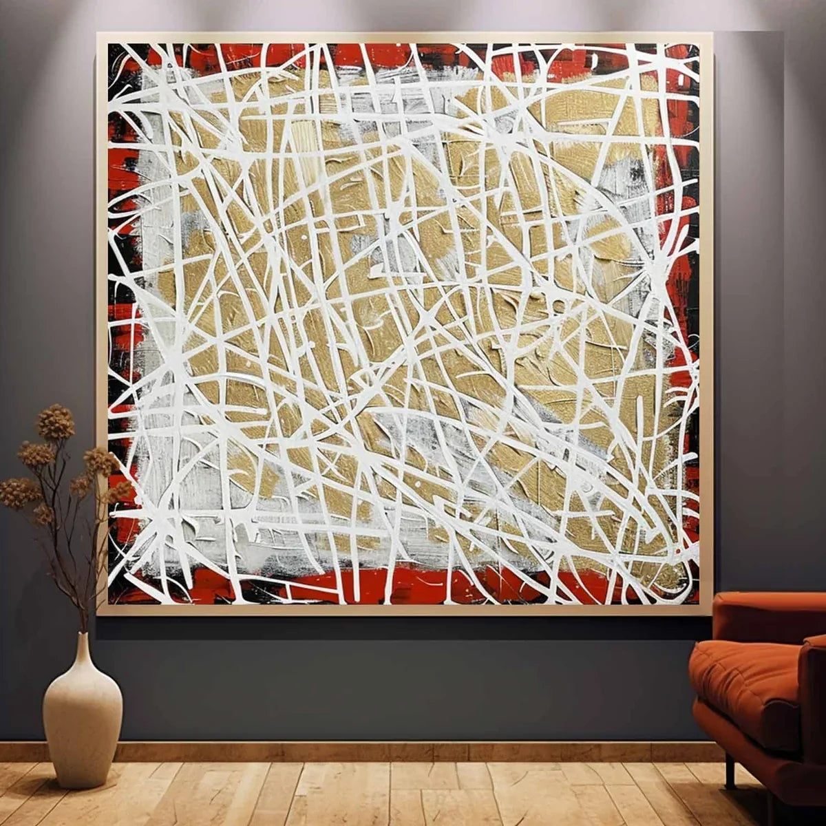 Tactile Red Gold Oil Painting White Web-Lines Luxe