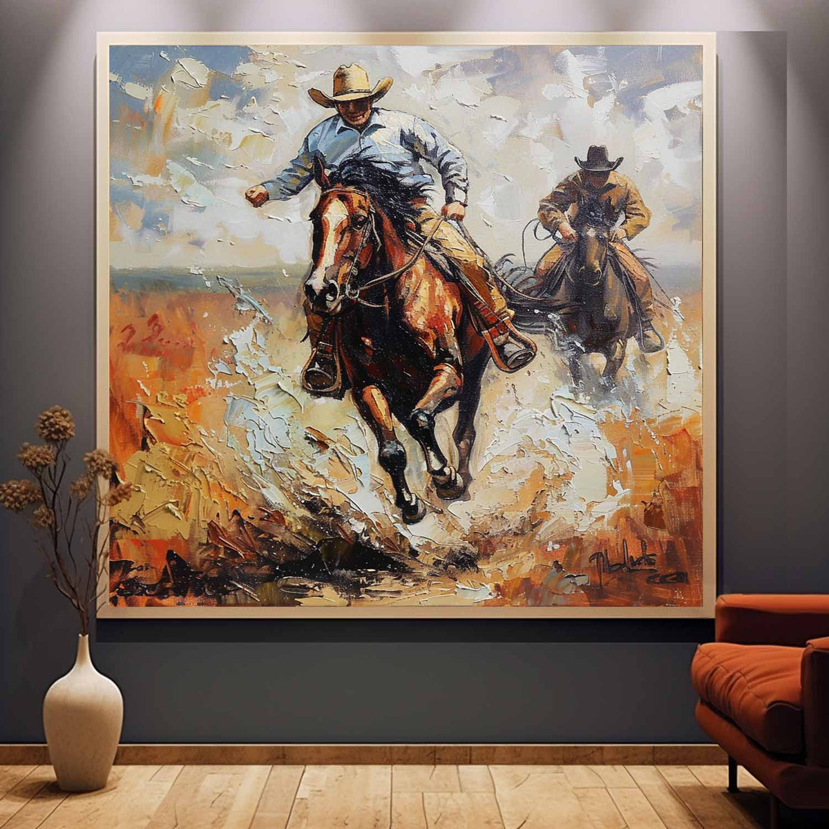 Western Cowboys Riding 3D Impasto Painting