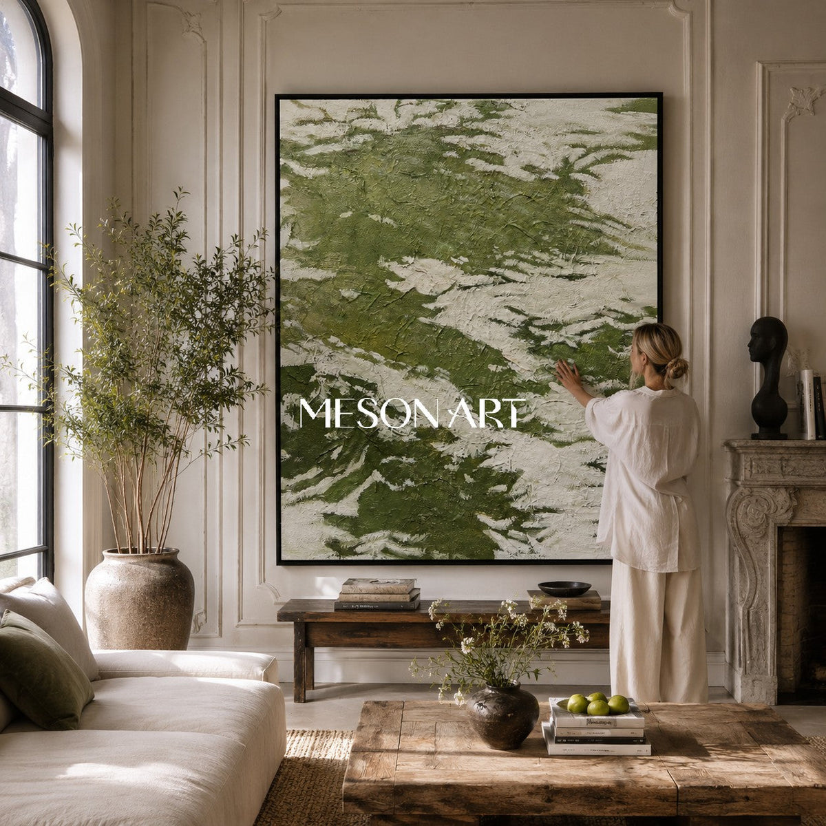 Set of 3 Green And White Triptych Painting