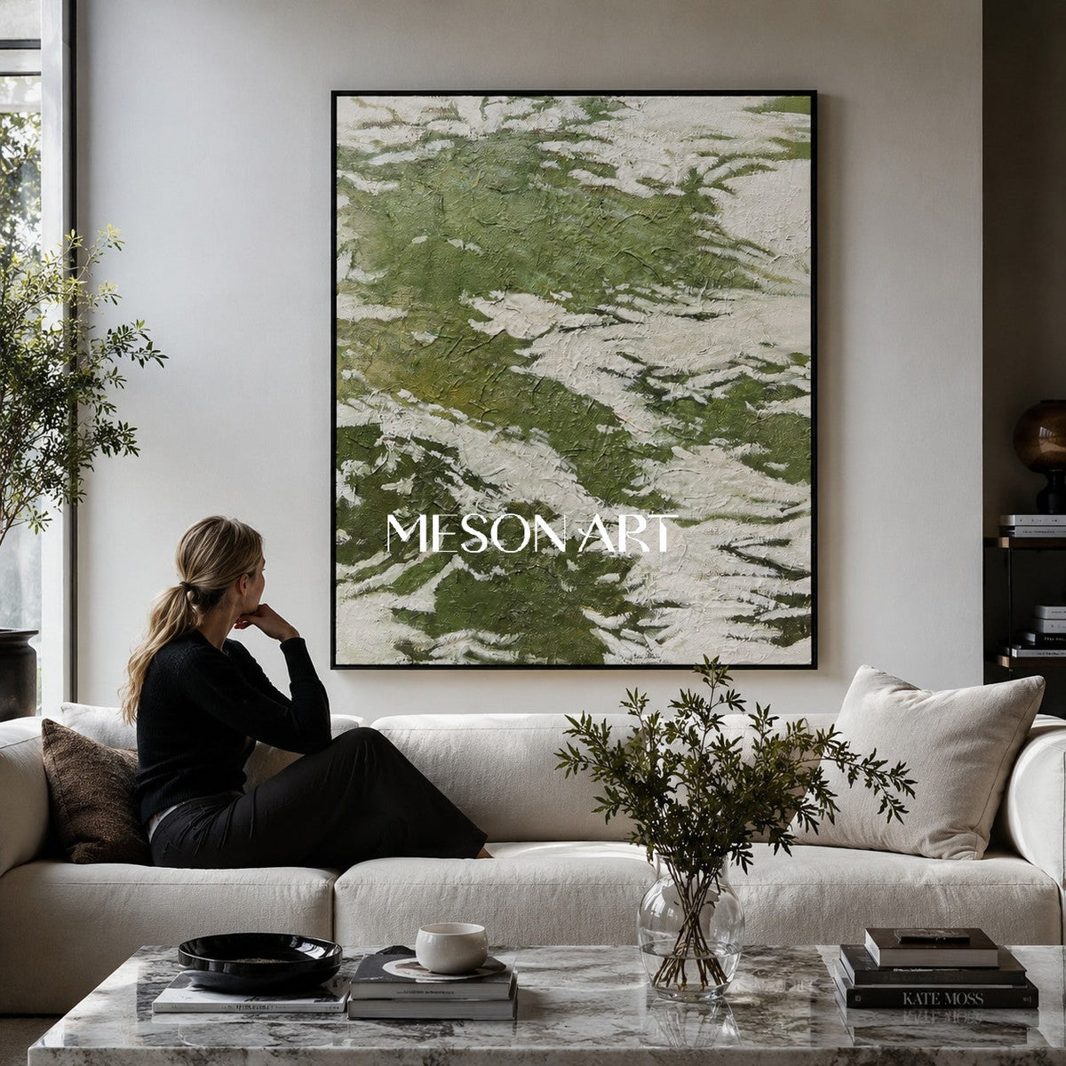 Set of 3 Green And White Triptych Painting