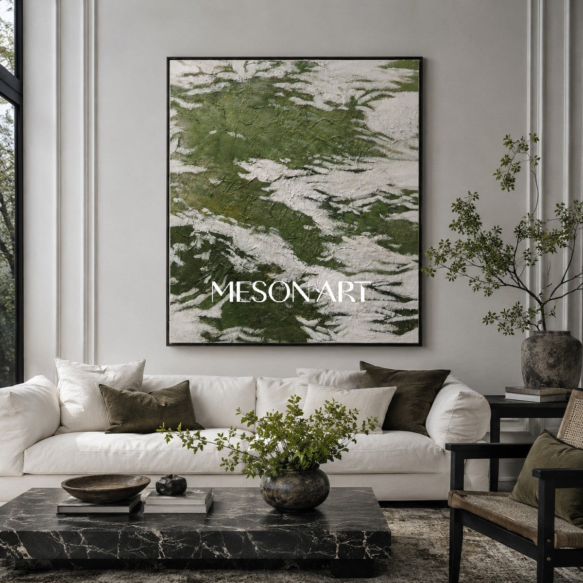 Set of 3 Green And White Triptych Painting