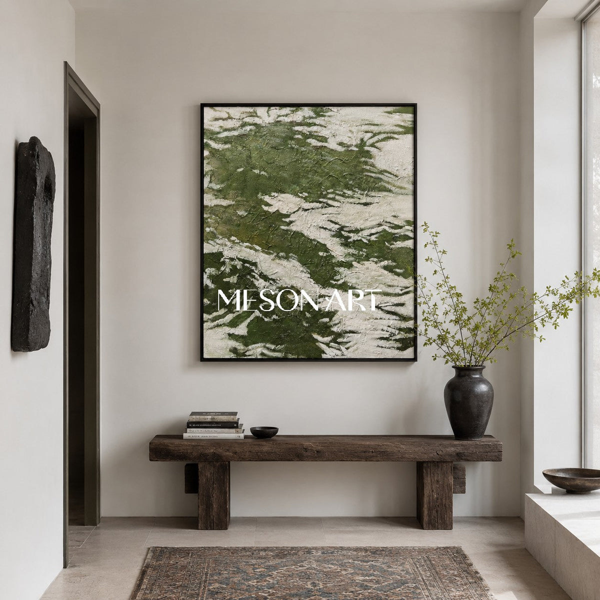 Set of 3 Green And White Triptych Painting