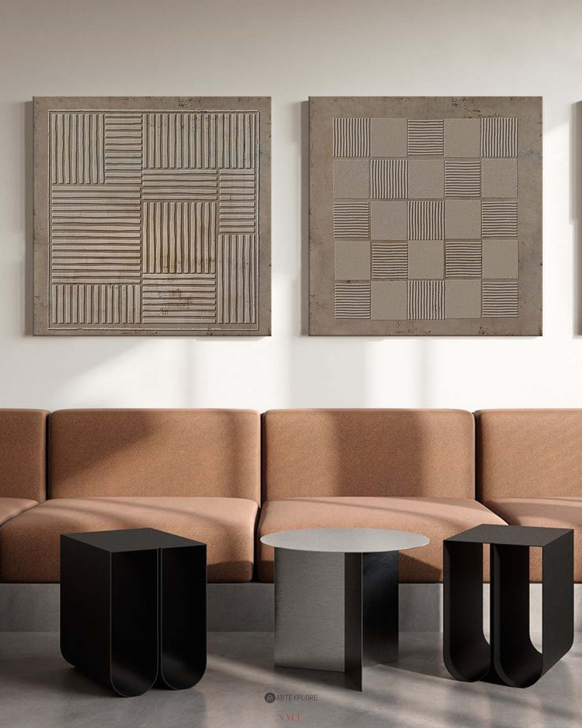Neutral Beige‑Taupe Geometric Diptych Abstract  Raised Linear Textured Artwork