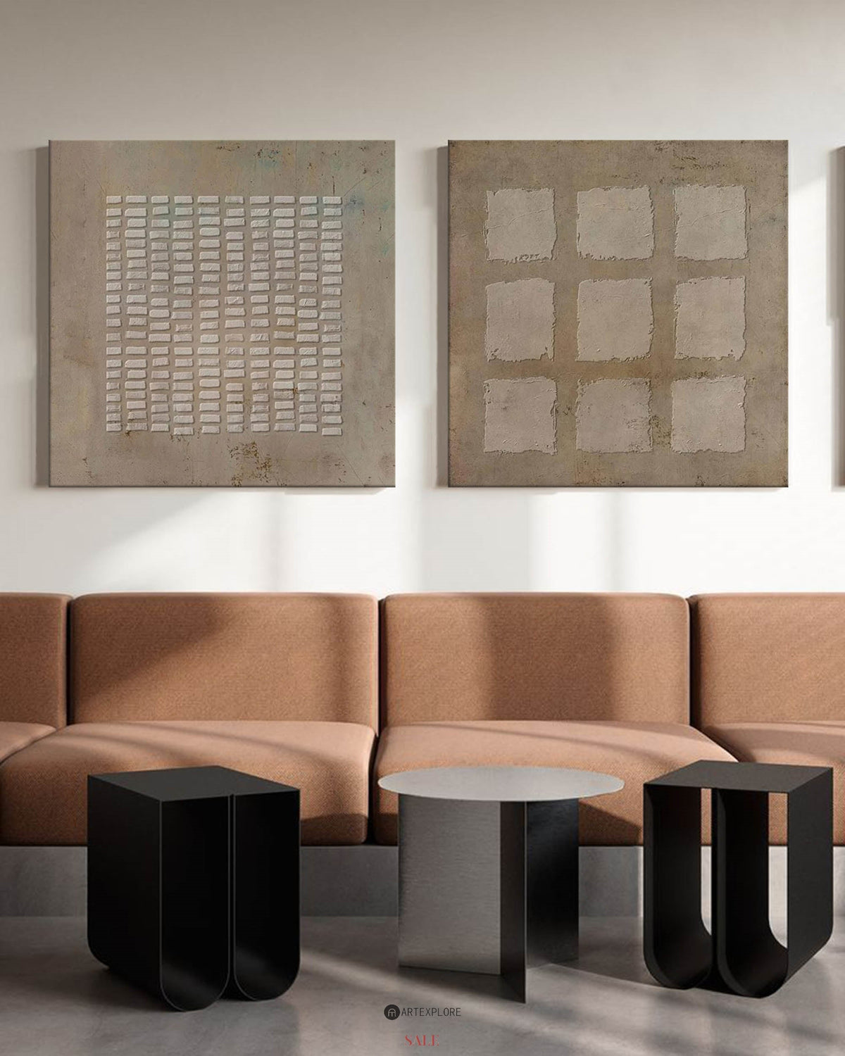 Earthy Beige‑Brown Grid‑Geometric Diptych Abstract  Embossed Textured Artwork