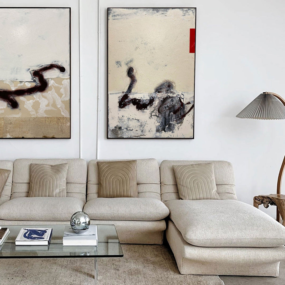 Minimalist Abstract Beige Black Red Diptych
