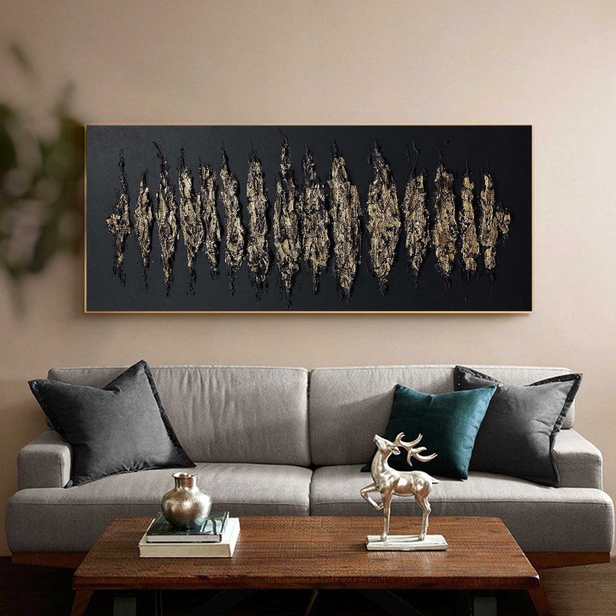 Wall Art Gold Black Abstract Strokes Modern Luxury Texture Living Room