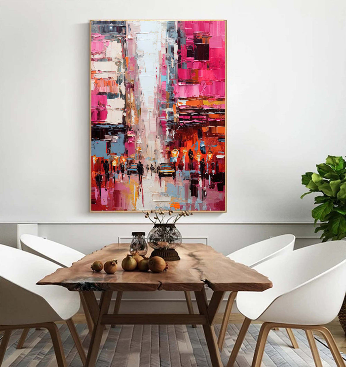 Impasto Cityscape Painting Vibrant Pink Orange