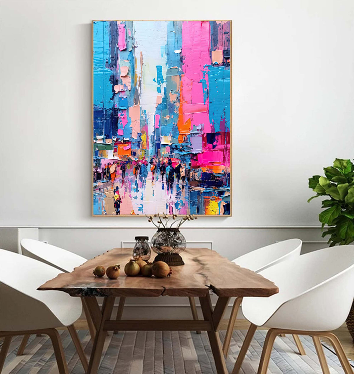 Impasto Cityscape Painting Vibrant Pink & Blue Wall Art