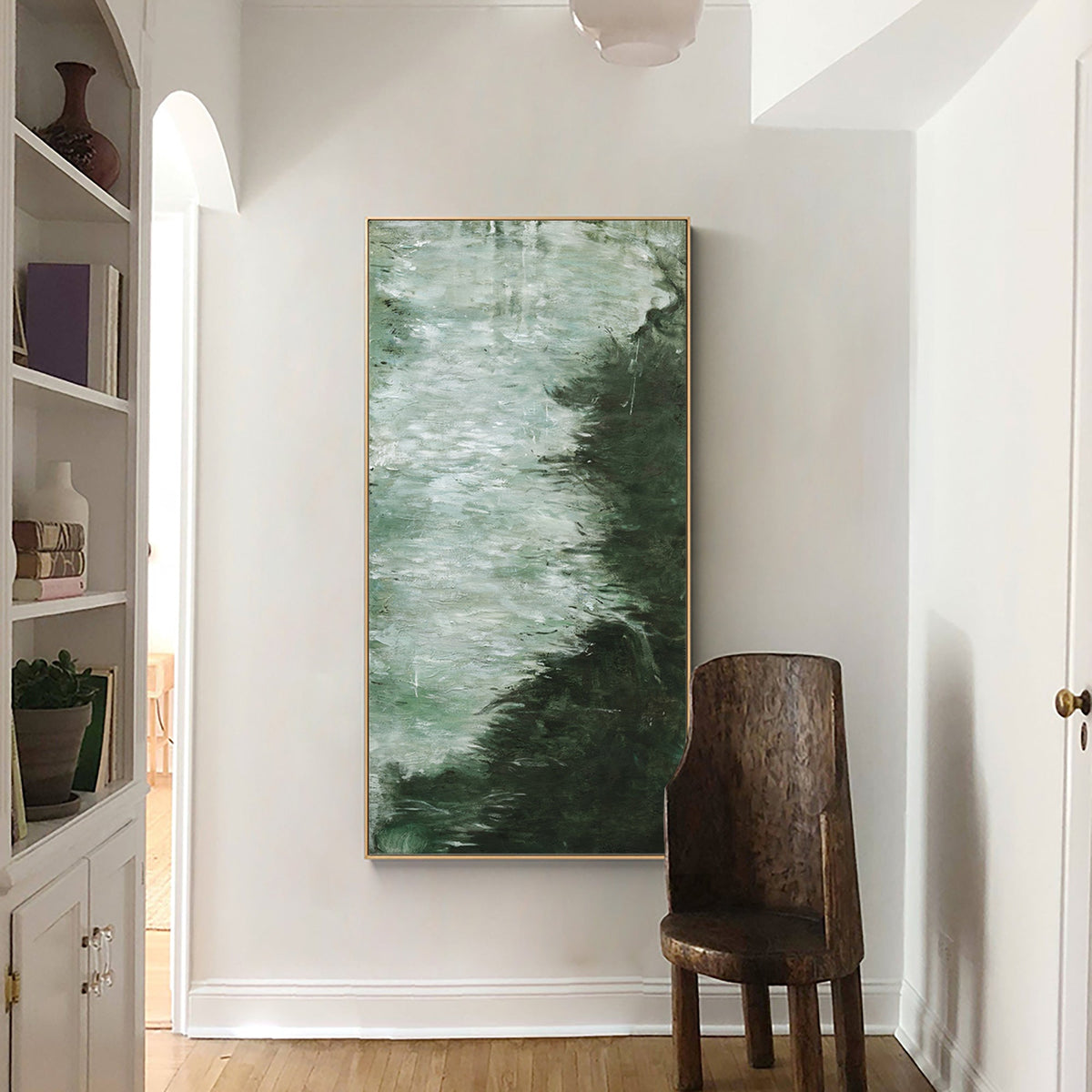 Deep‑Green Vertical Marble‑Wash Layer‑Textured Framed Artwork