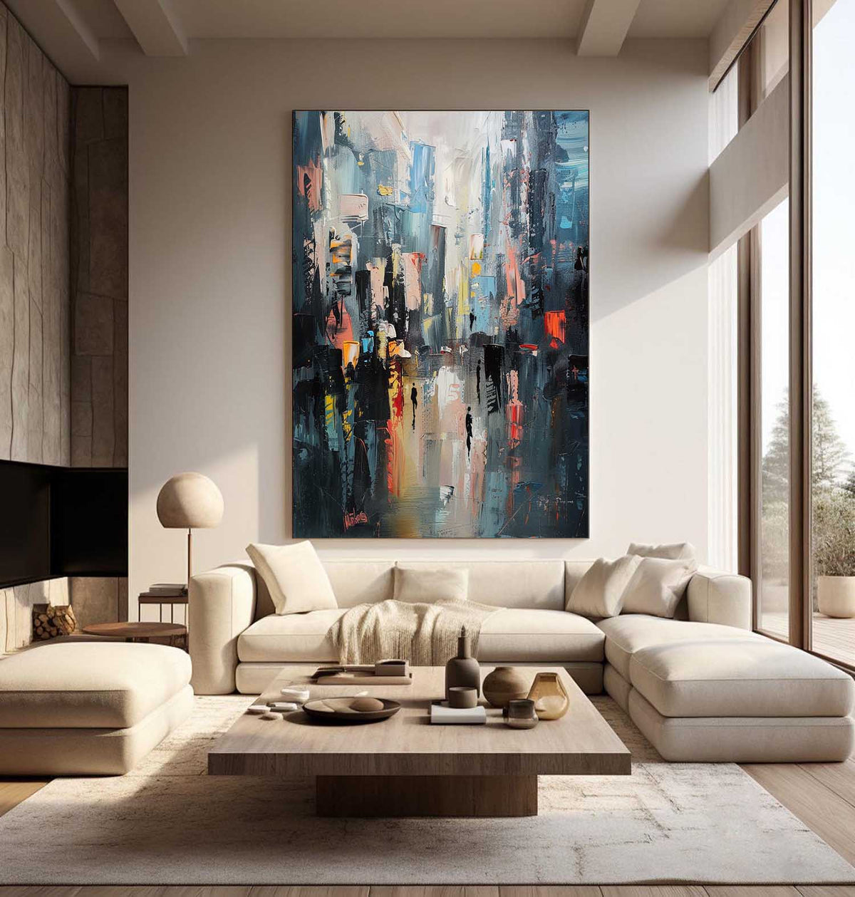 Vertical Abstract Cityscape Impasto Painting