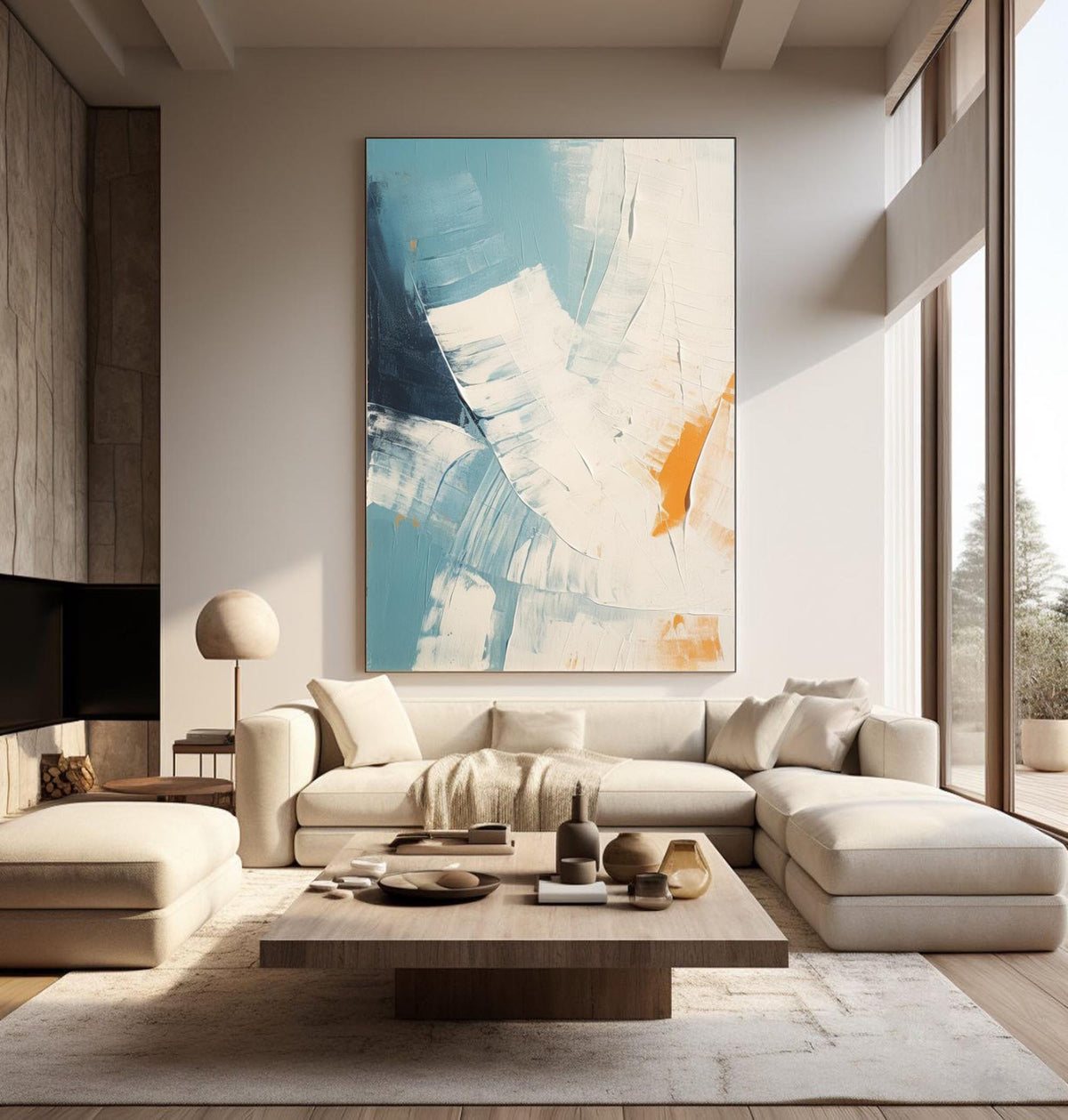 Tactile Impasto Oil Painting Teal White Orange Tones