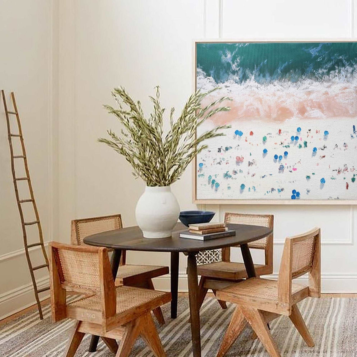 Teal‑Pink‑White Horizontal Beach‑Scene Impasto‑Textured Artwork