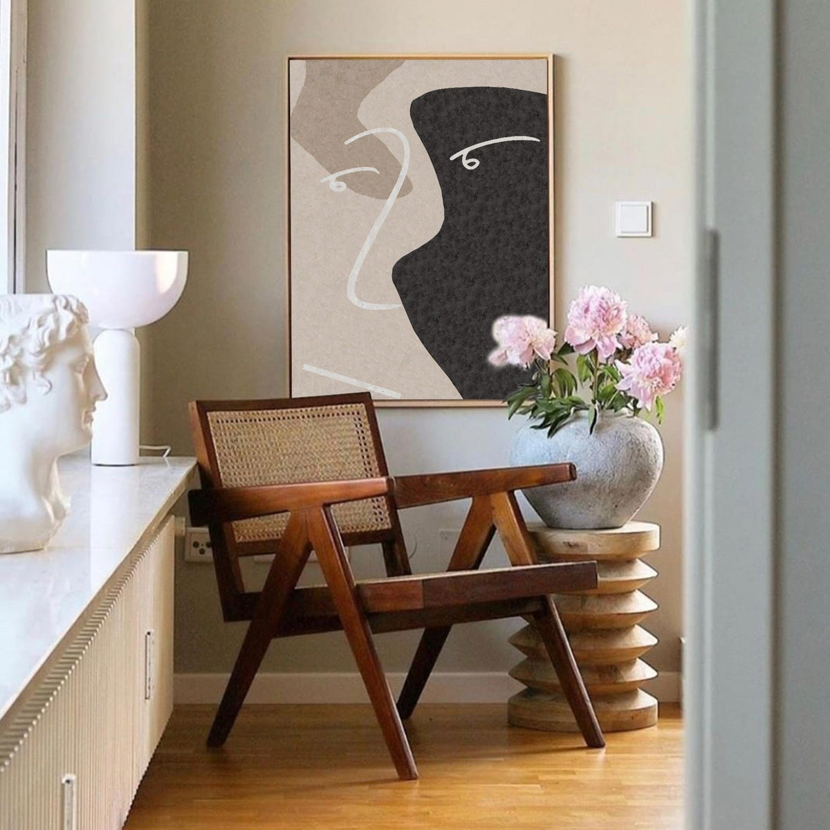 Minimalist Black Beige Abstract Face Silhouette Painting