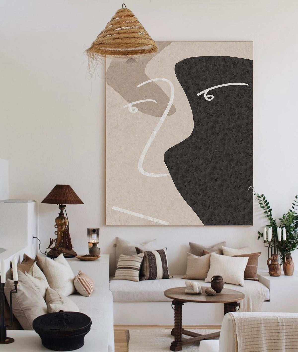 Minimalist Black Beige Abstract Face Silhouette Painting