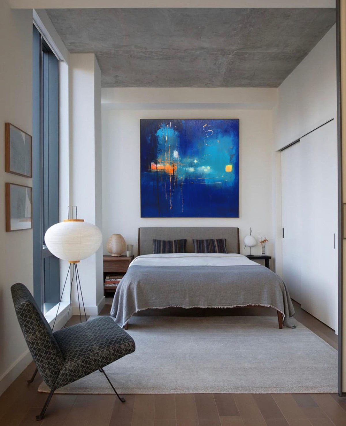 Expressionist City Lights Painting Deep Blue Wall Art