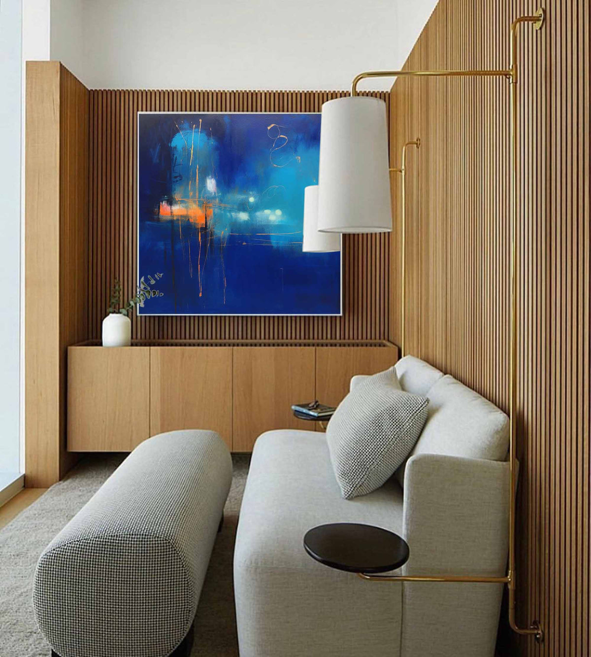 Expressionist City Lights Painting Deep Blue Wall Art