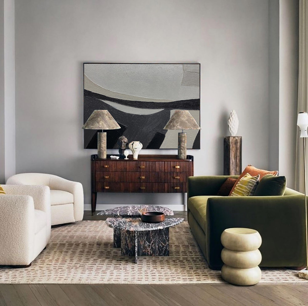 Contemporary Minimalist Black Beige Abstract Geometric Painting