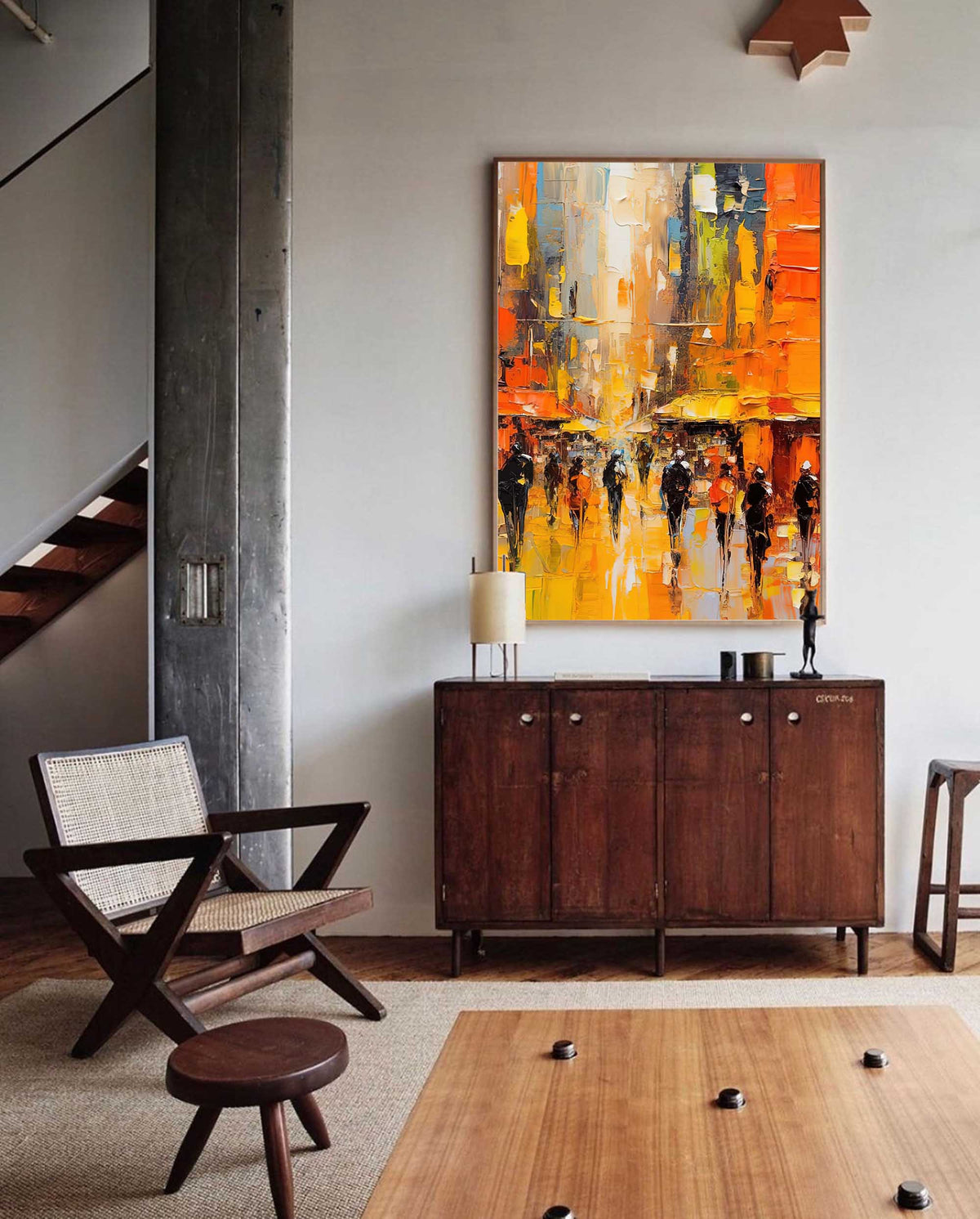 Impasto Cityscape Painting Vibrant Orange & Yellow