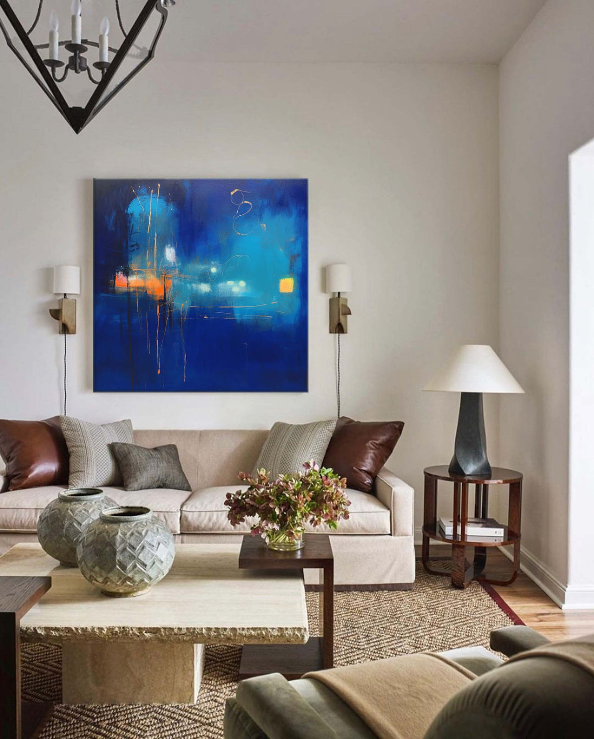 Expressionist City Lights Painting Deep Blue Wall Art