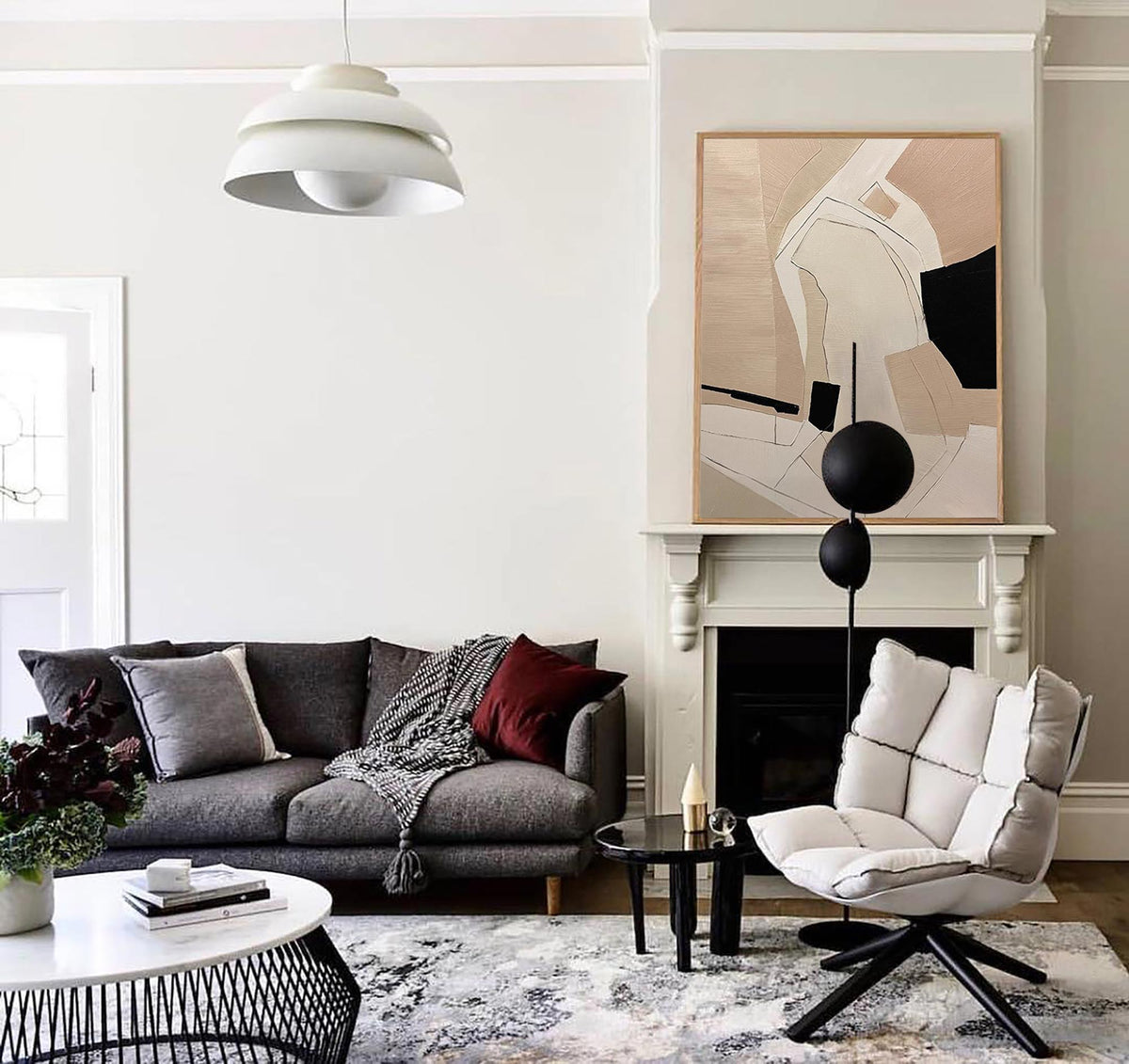 Beige‑Black‑Cream Vertical Geometric‑Splice Impasto‑Textured Artwork