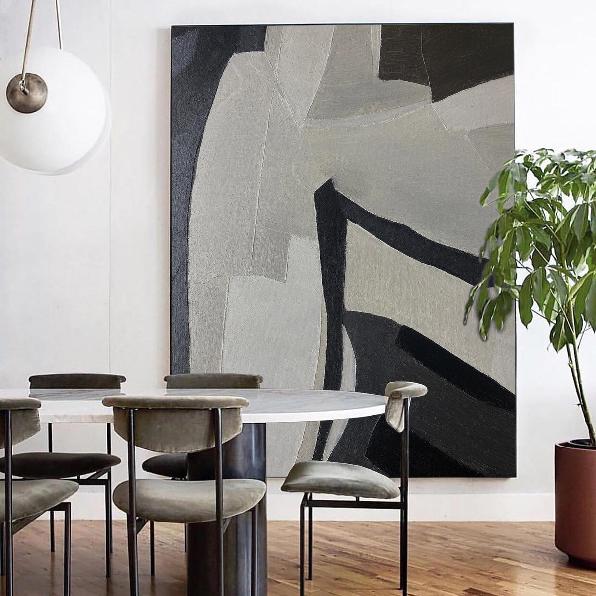 Black‑Grey‑Off‑White Vertical Curved‑Block Textured Artwork