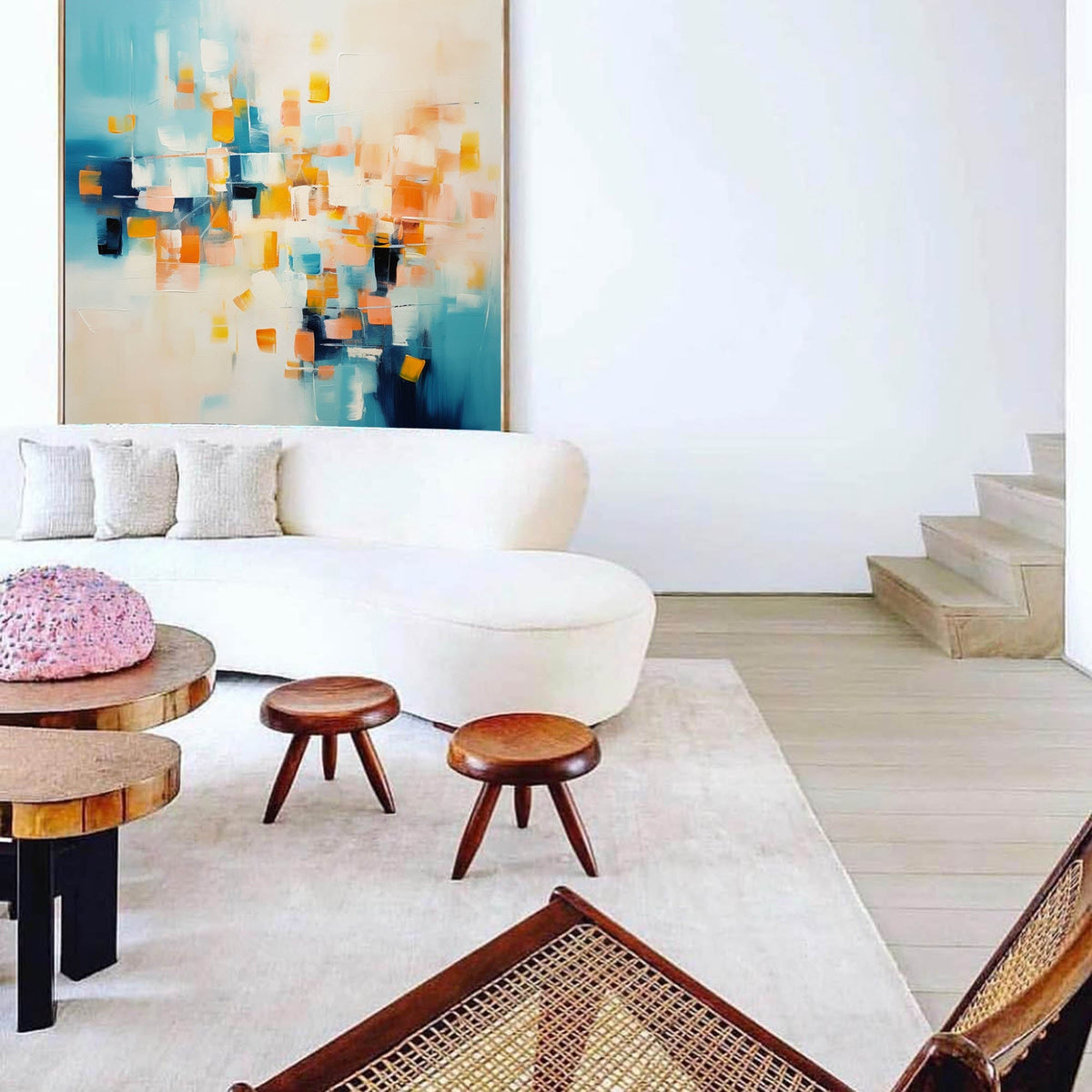 Abstract Geometric Painting Warm Orange And Blue