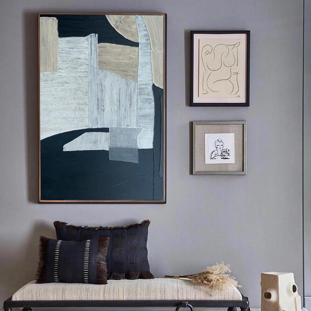 Navy‑Beige‑Grey Vertical Patch‑Block Impasto‑Textured Artwork