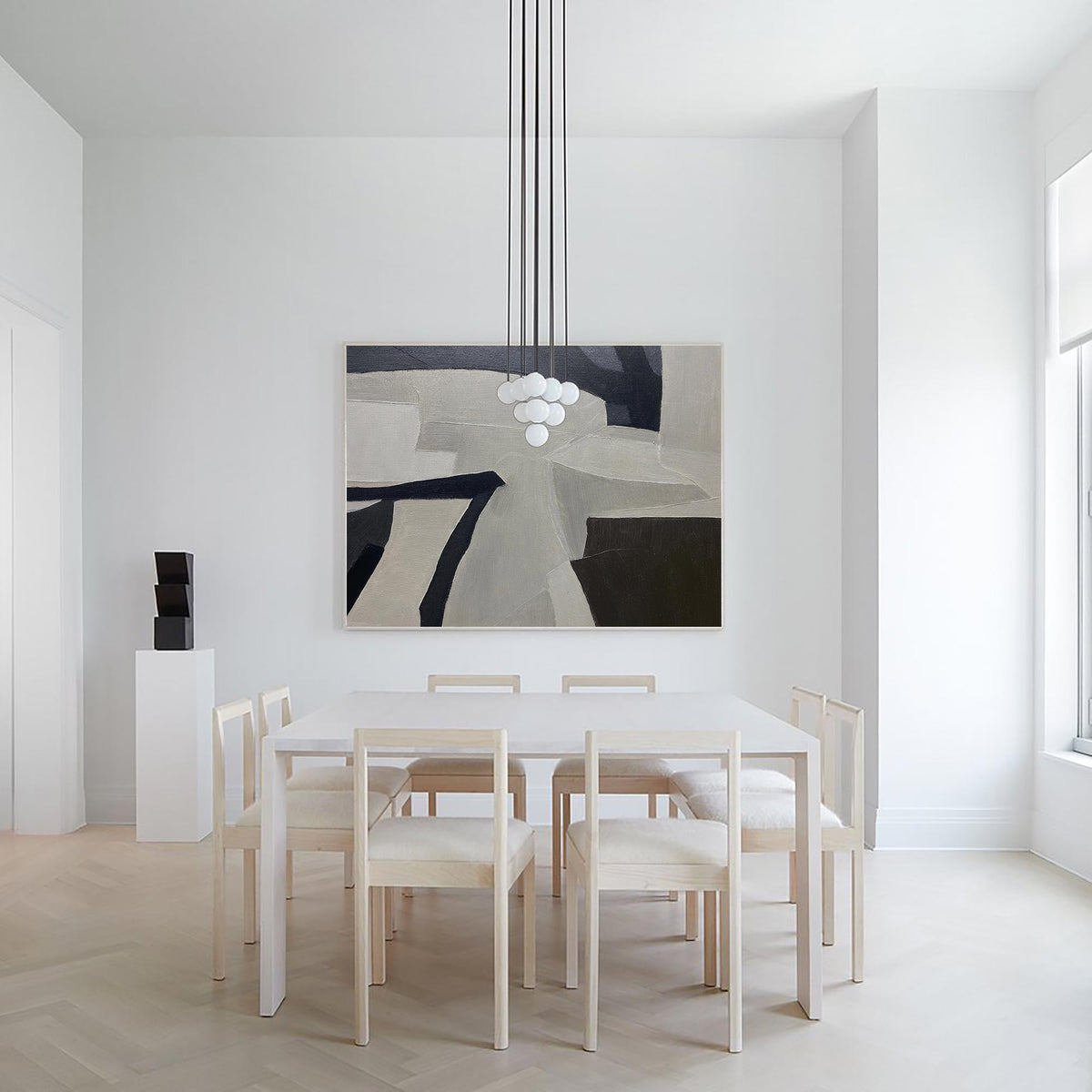 Contemporary Minimalist Black White Beige Abstract Geometric Painting