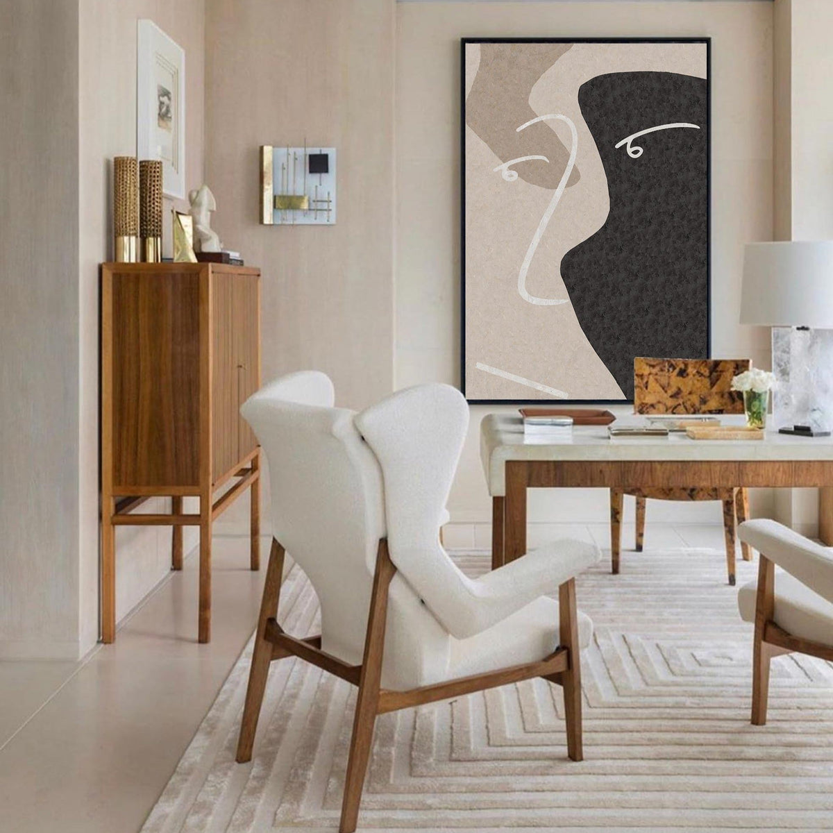 Minimalist Black Beige Abstract Face Silhouette Painting