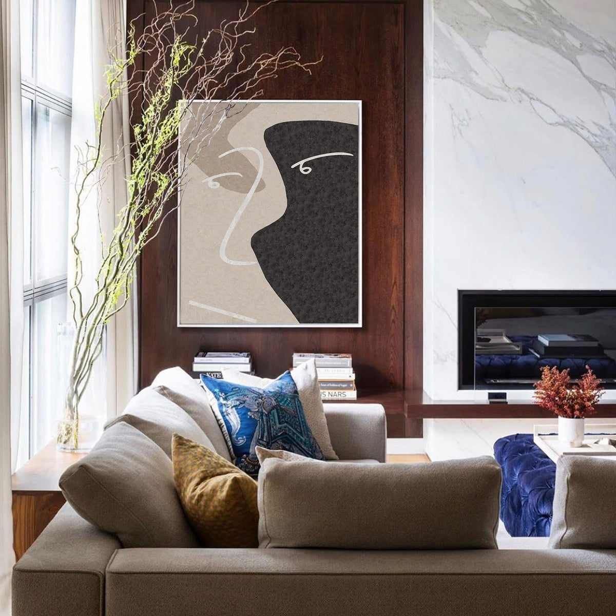 Minimalist Black Beige Abstract Face Silhouette Painting