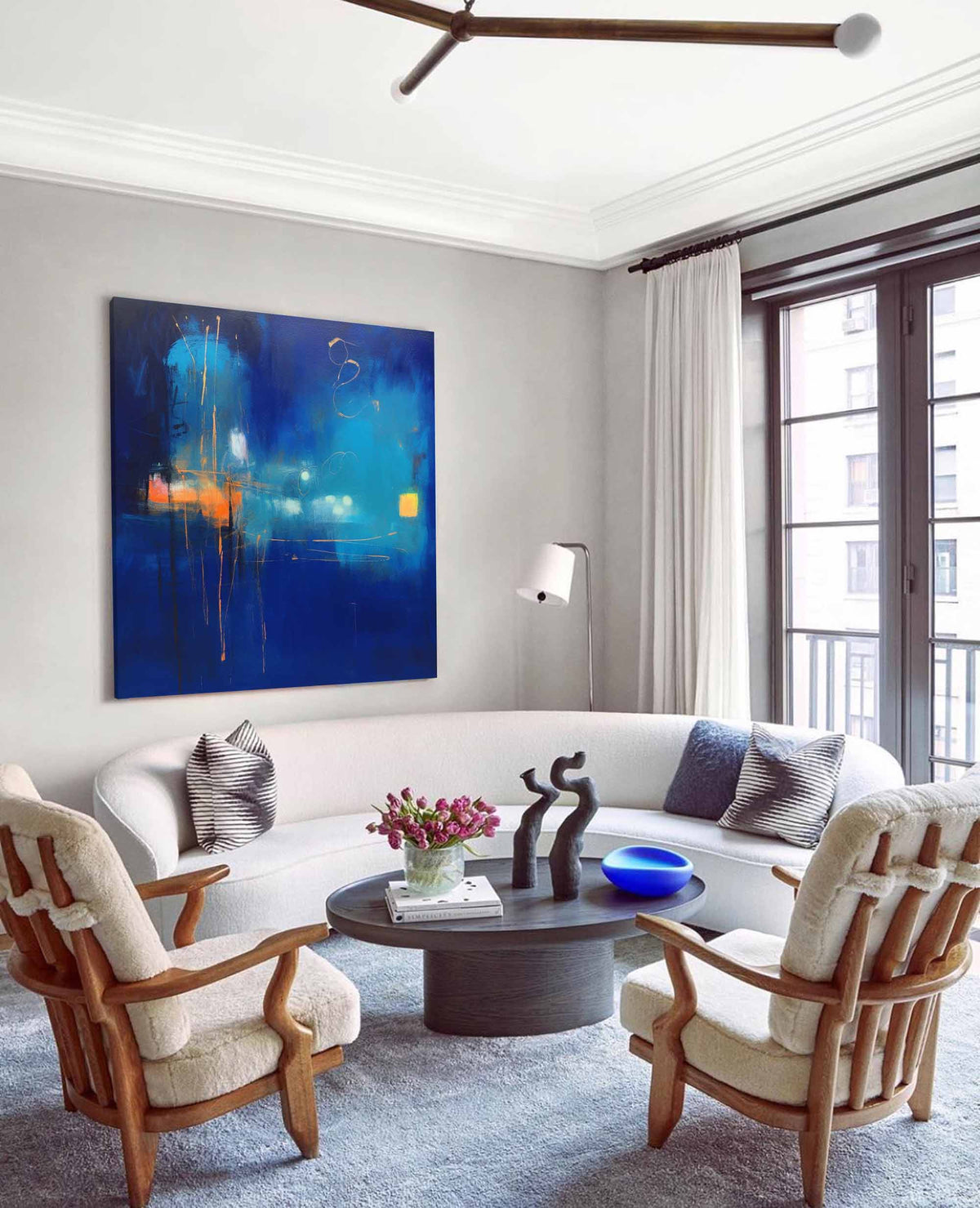 Expressionist City Lights Painting Deep Blue Wall Art