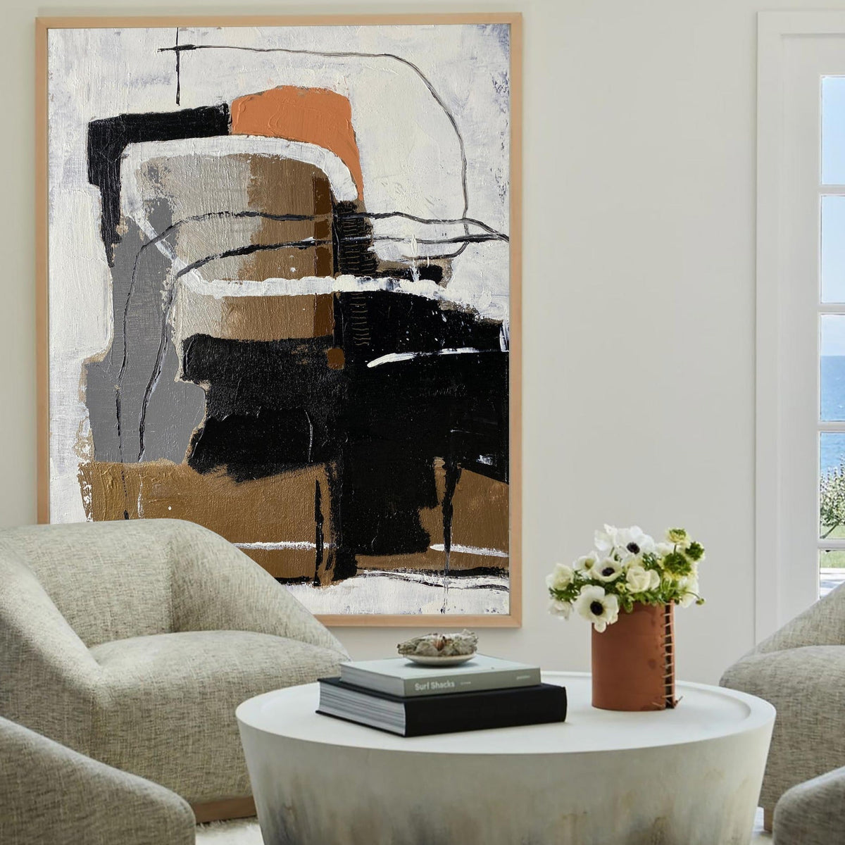 Wabi-Sabi Neutral Abstract Oil Painting with Orange