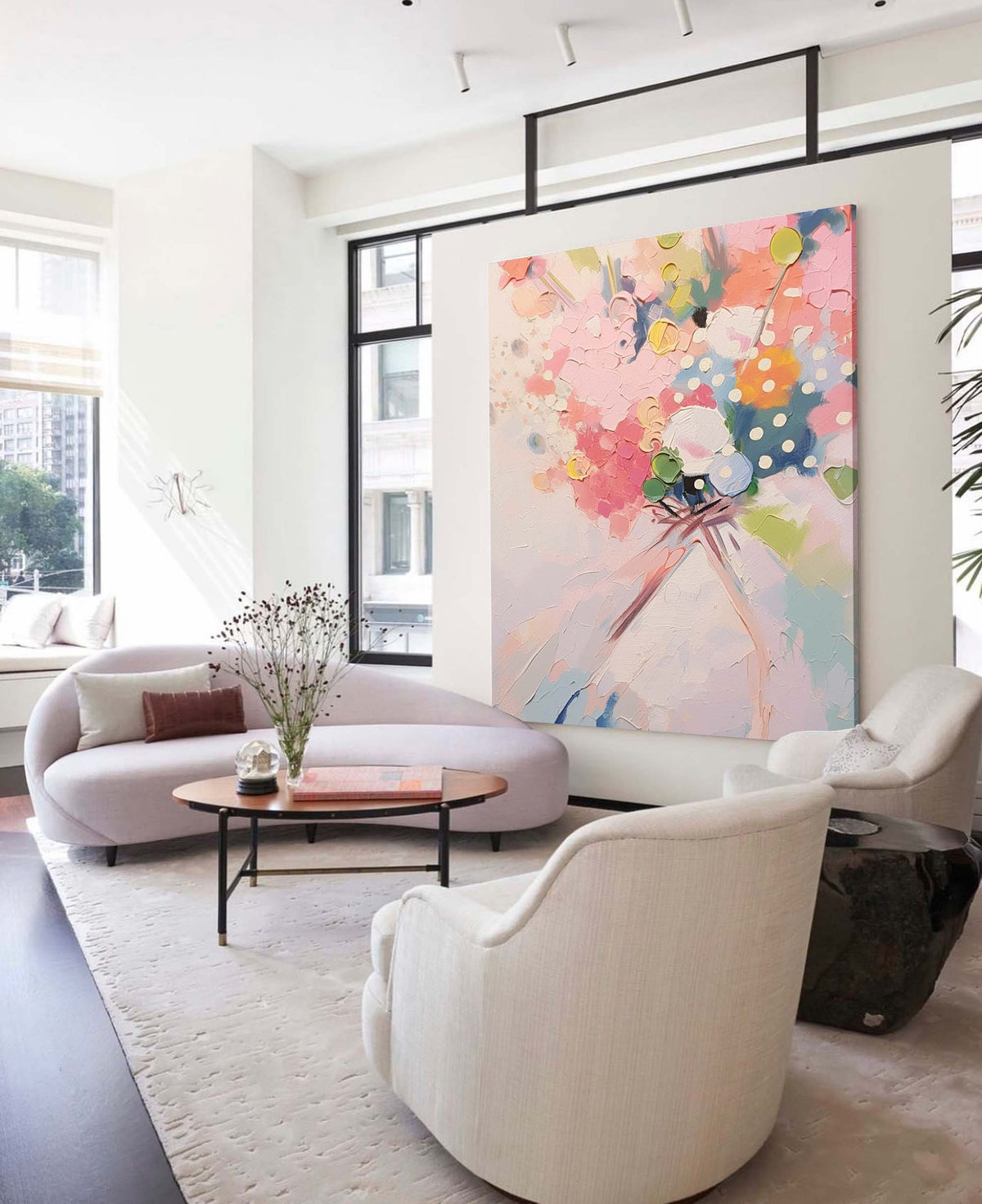 Impasto Textured Floral Bouquet Painting Soft Pink