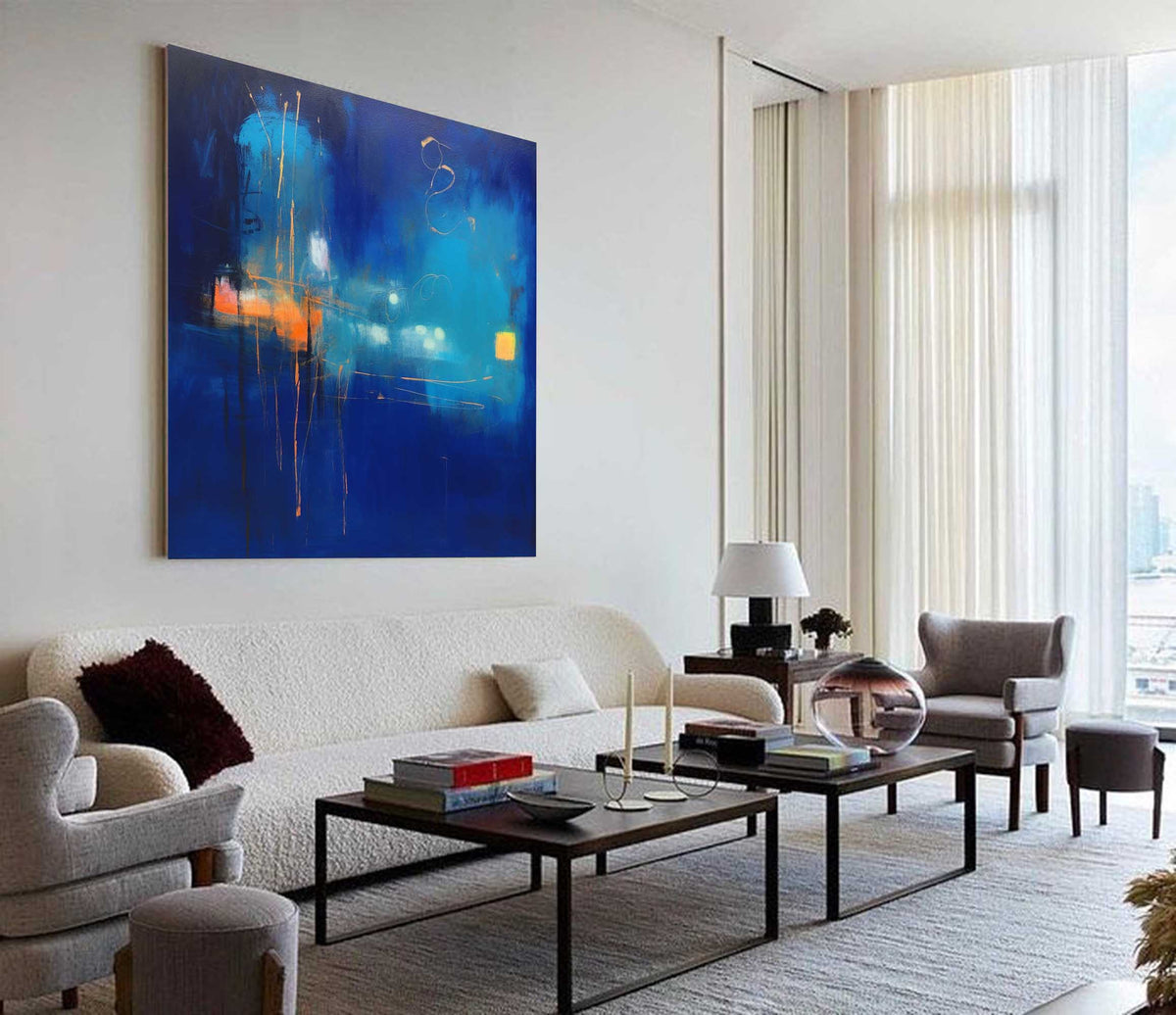 Expressionist City Lights Painting Deep Blue Wall Art