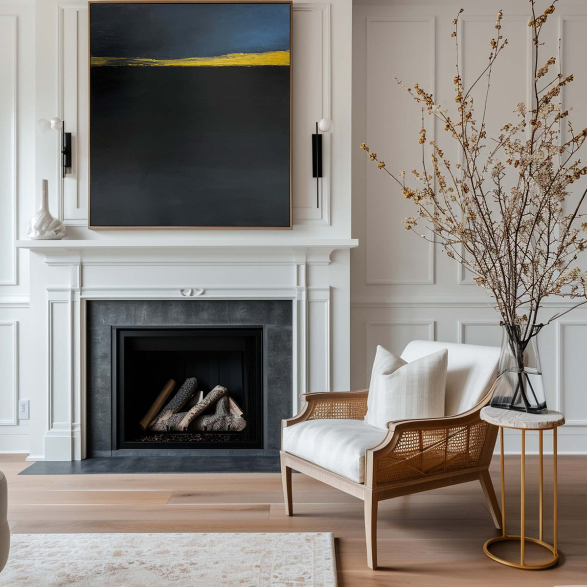 Modern Black Gold Yellow Abstract Linen Art