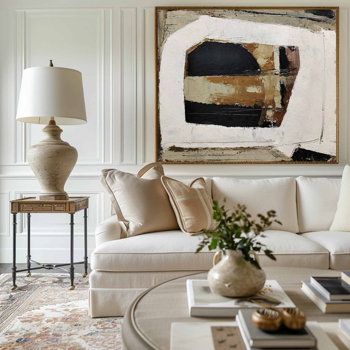 Abstract Black Beige Brown Geometric Oil Painting