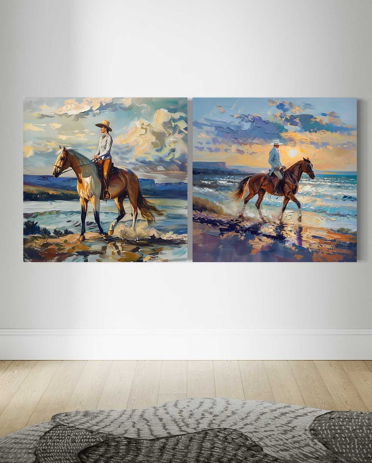 Dual Equestrian Coastal Diptych Vibrant Impasto