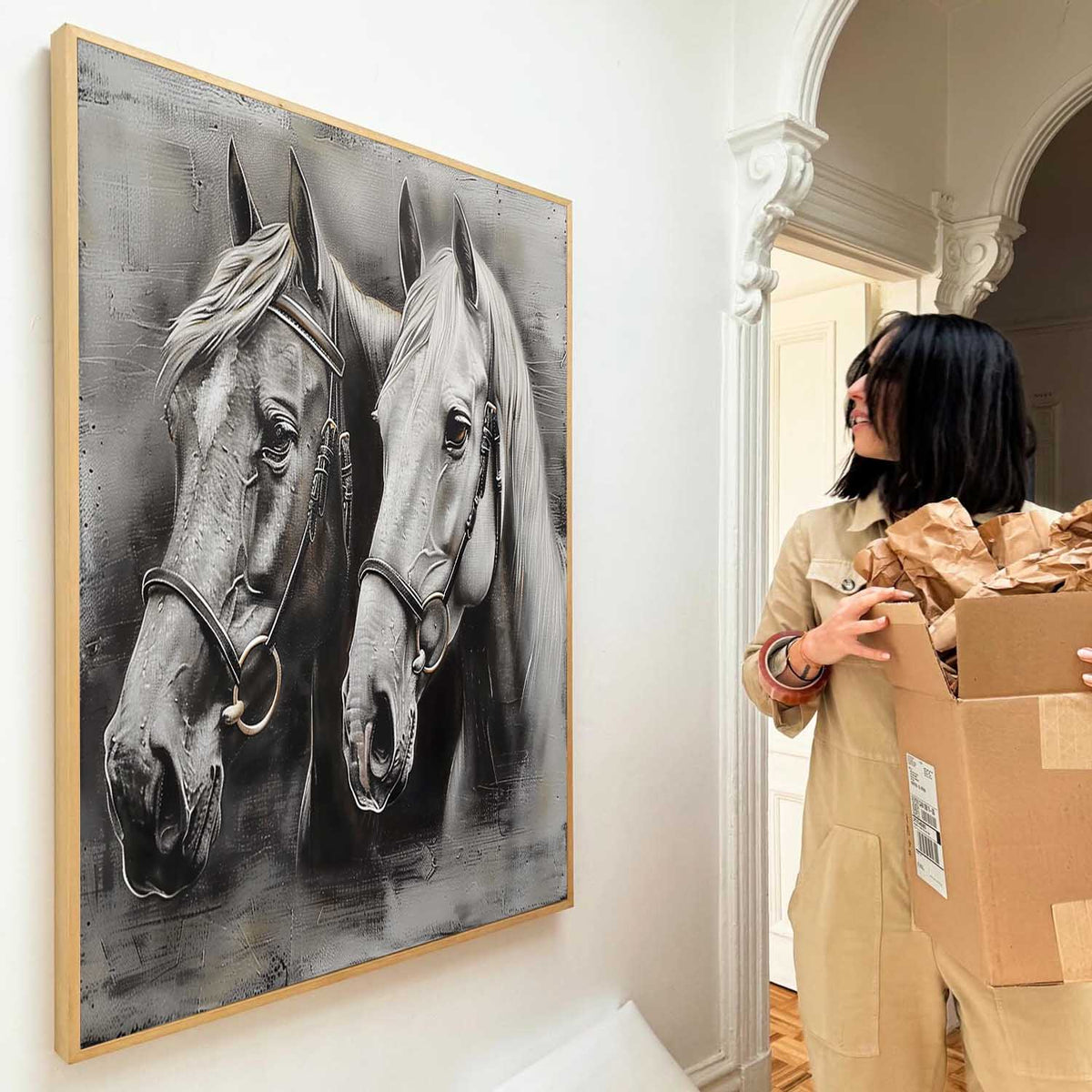 Monochromatic Two Horses Portrait Painting