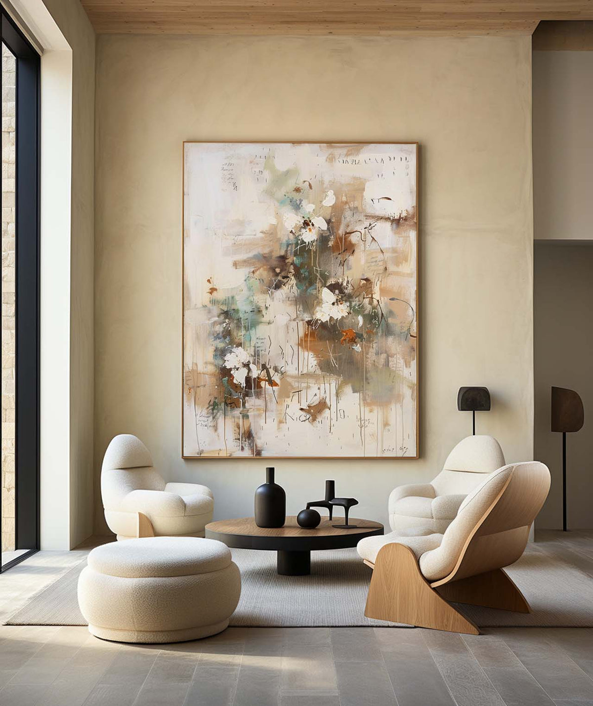 Wall Art Beige Floral Abstract Textured Canvas Living Room