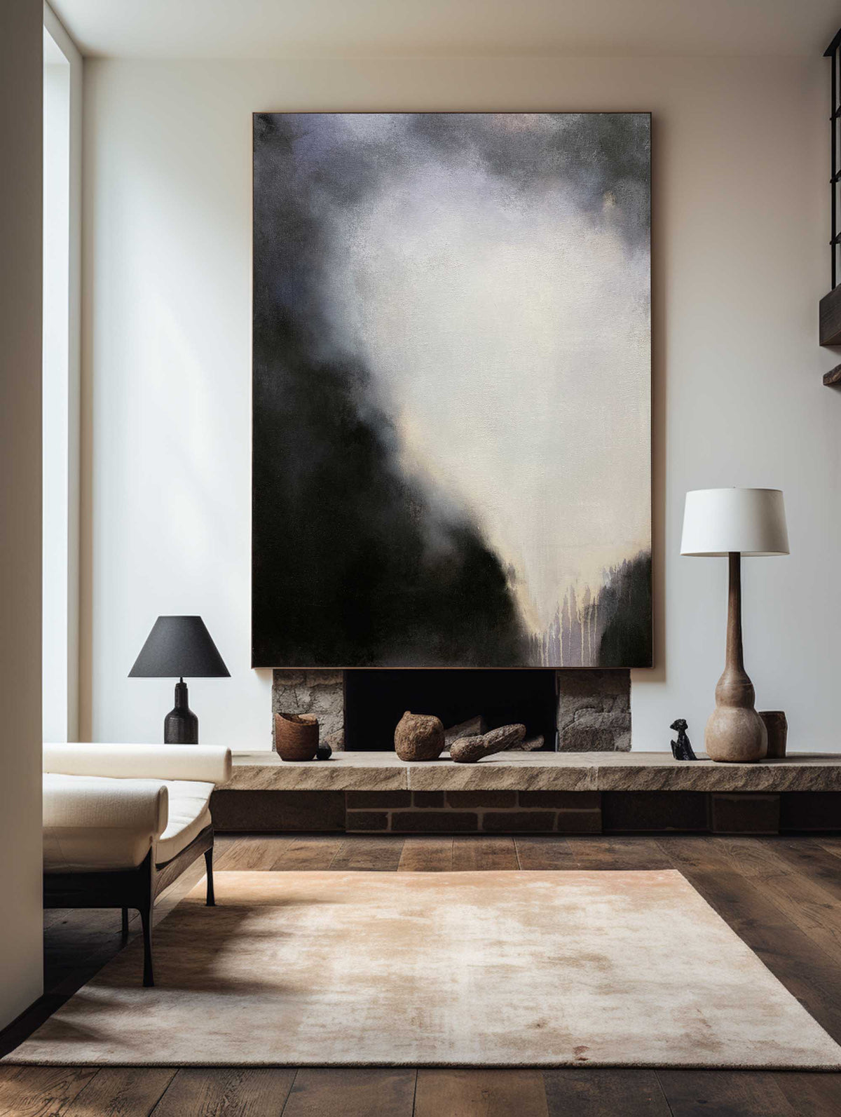 Black‑Off‑White Vertical Mist‑Blend Impasto‑Textured Artwork