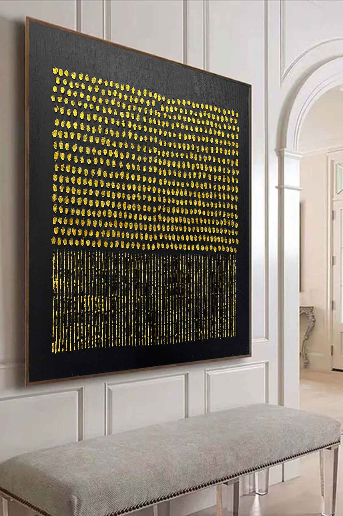 Tactile Gold Dot & Line Oil Painting Black Background