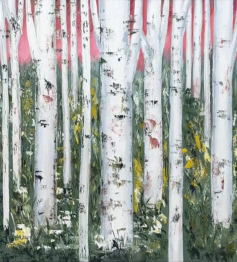 Wall Art Birch Forest Pink Sky Impressionist