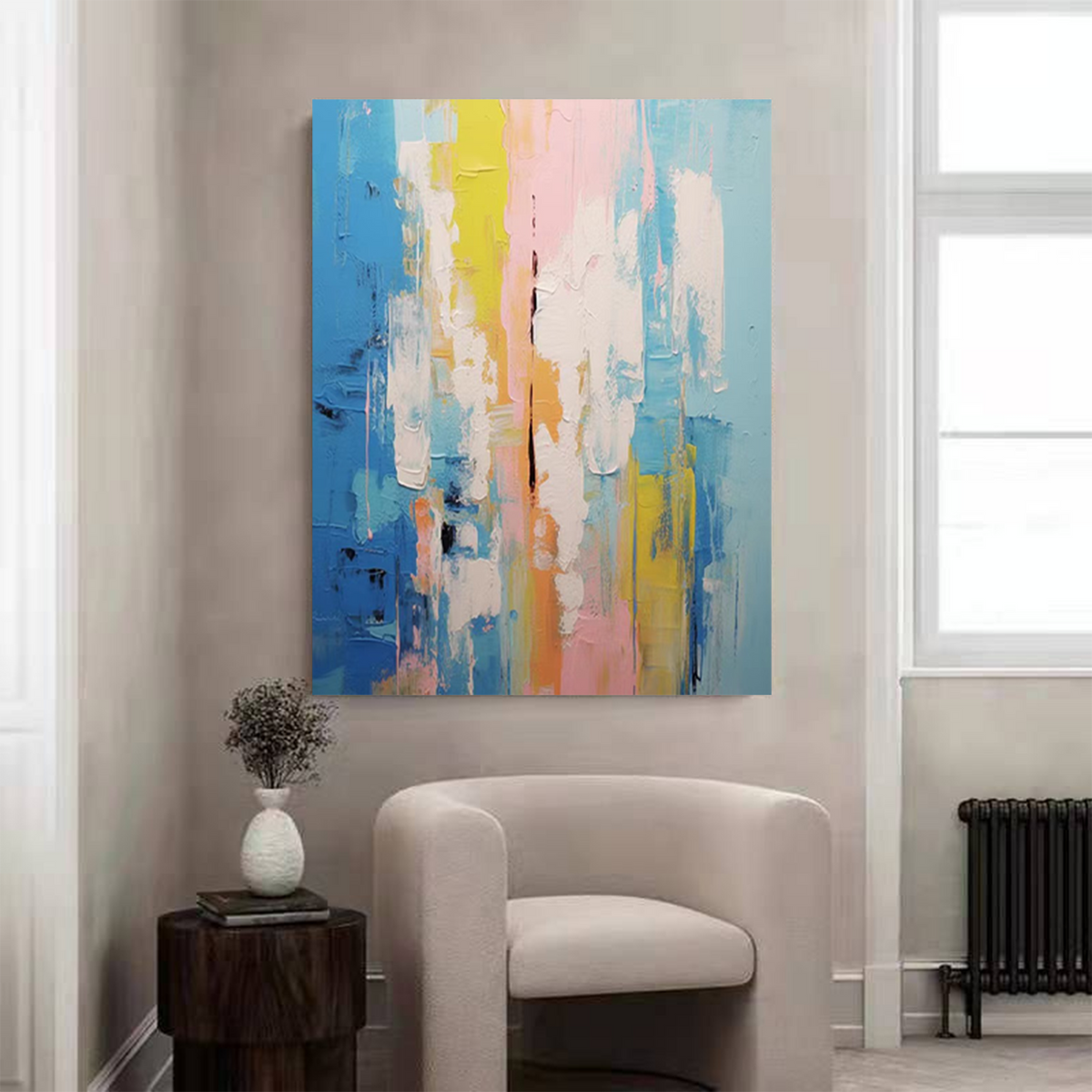 Impasto Vertical Abstract Painting Blue And Pink